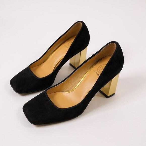 Tory Burch Black Suede Regina Square Toe Gold Heel Pump | 8.5 Preppy Modest GUC - Picture 1 of 16
